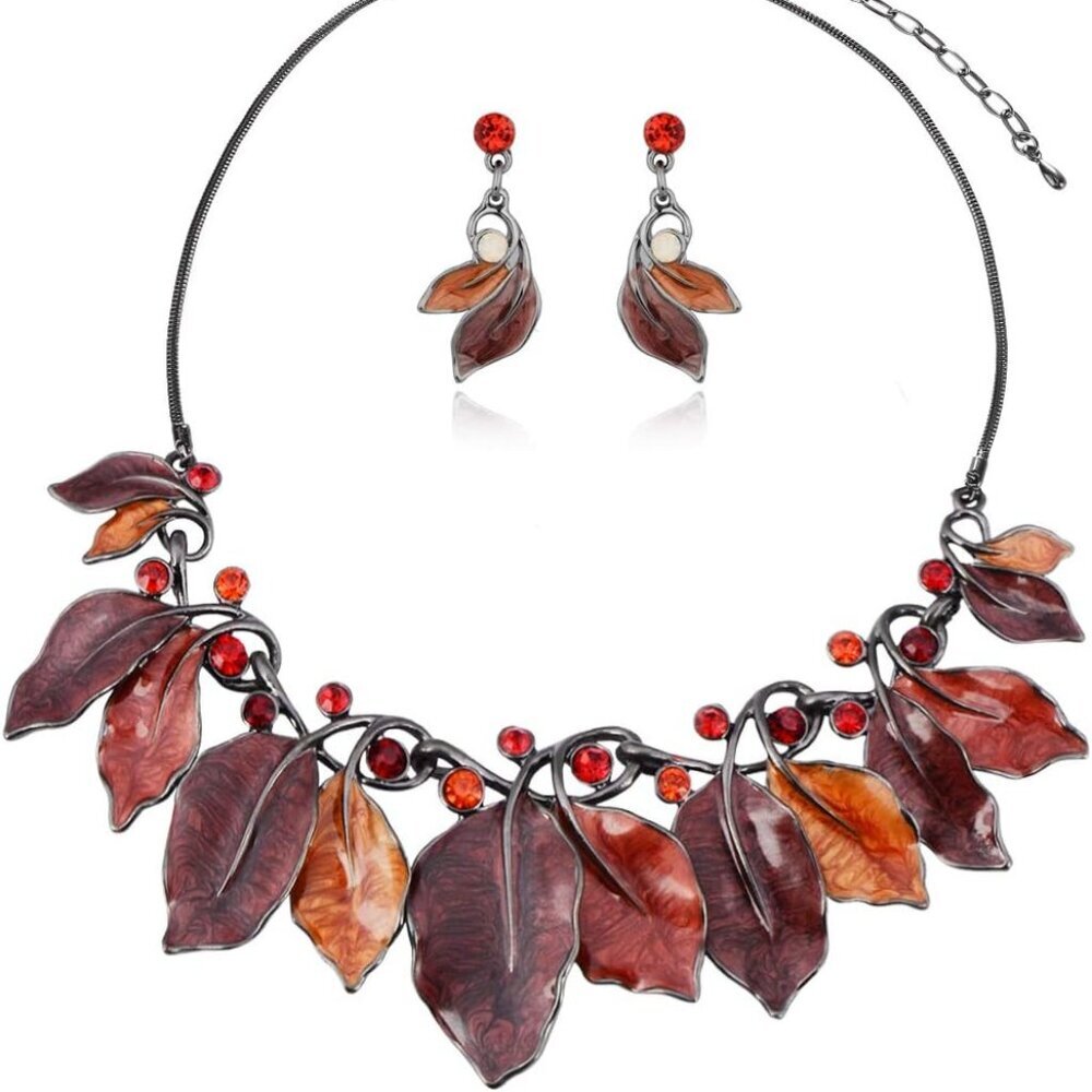 Vintage Statement Jewelry Set - Spring Leaf Flower Floral Plant Necklace Earring